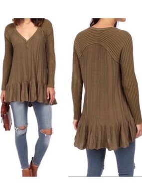 Free People Ribs And Ruffles Tunic Sweater Mini Dress: Olive Green